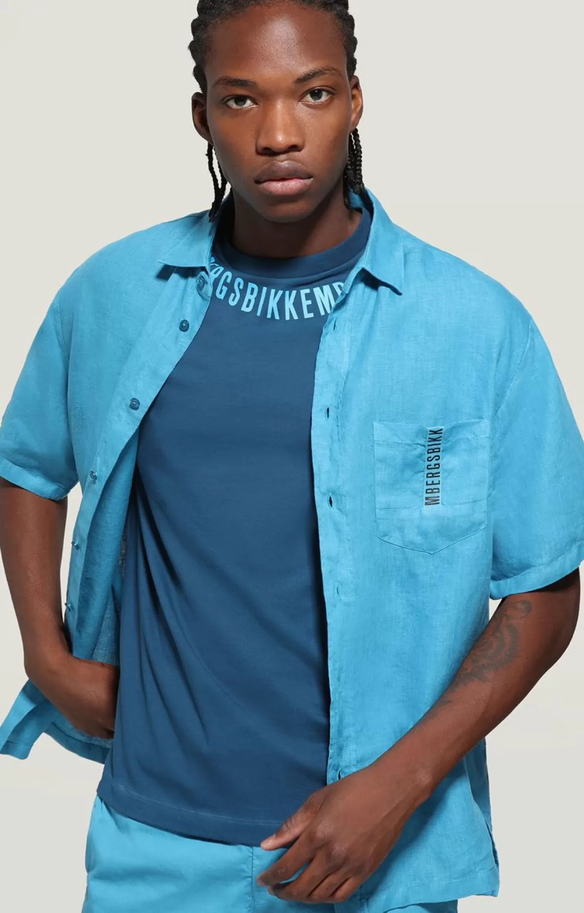 Bikkembergs Men'S Linen Shirt Garment Dyed Turquoise Best Sale